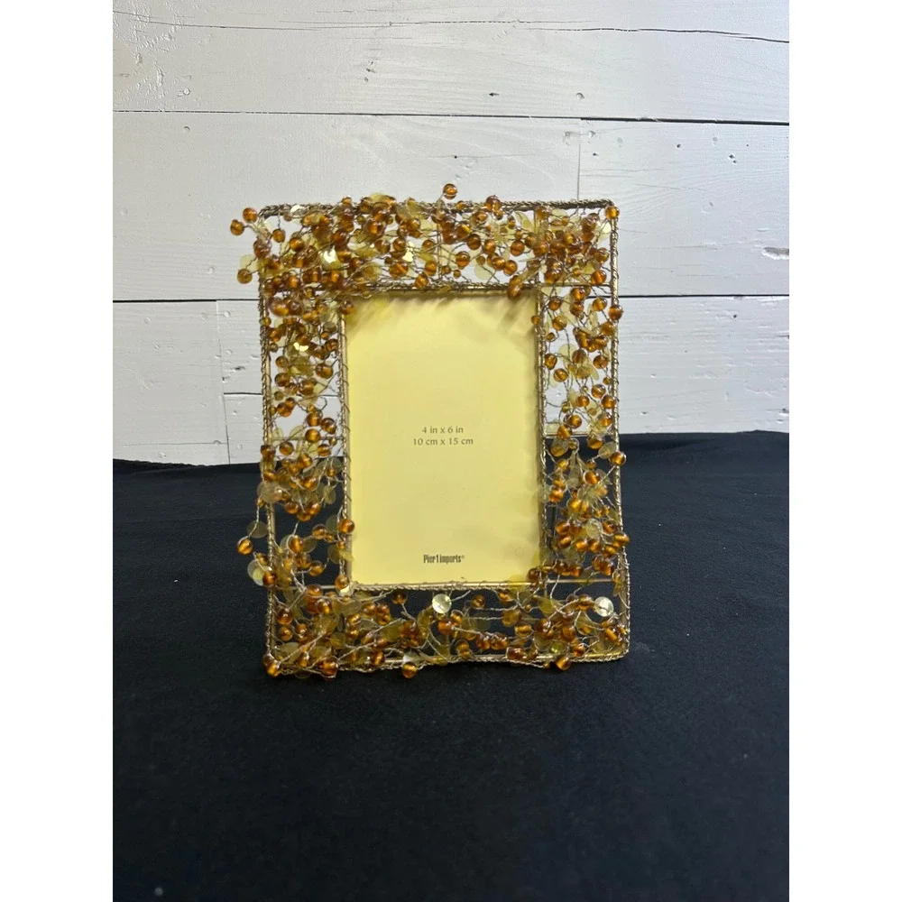Pier 1 Imports Amber Beaded Wire 4x6 Picture Frame Gold Tone Boho Home Decor